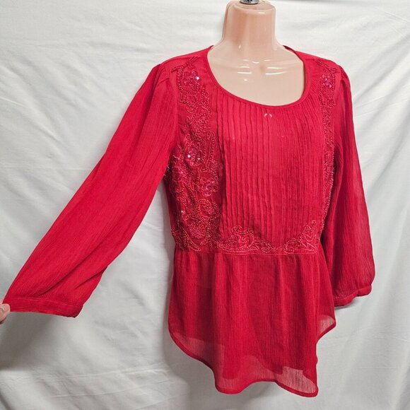 Maeve Anthropologie Embellished Top Blouse Women Size 12 Red Lined Chiffon - Picture 5 of 13